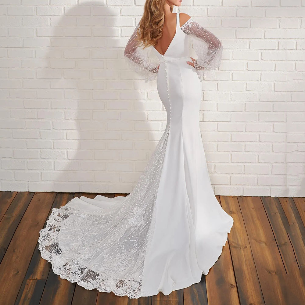 Mermaid Floor-Length V-Neck Long Sleeves Outdoor Wedding Dress 2022