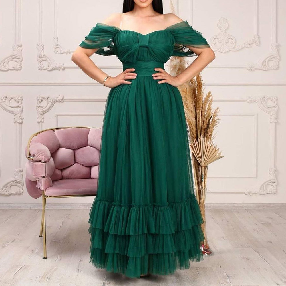 Short Sleeves A-Line Off-The-Shoulder Ankle-Length Prom Dress 2022