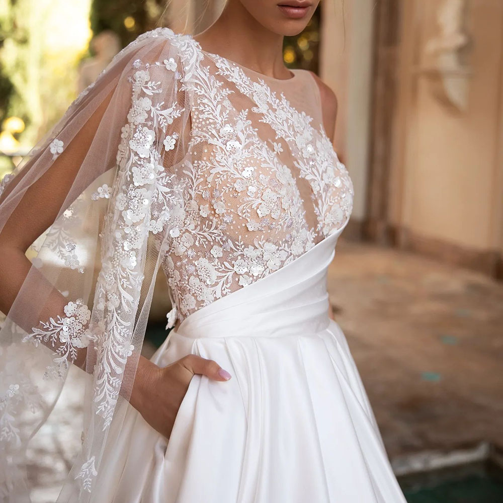 A-Line Long Sleeves One Shoulder Floor-Length Garden Wedding Dress 2022