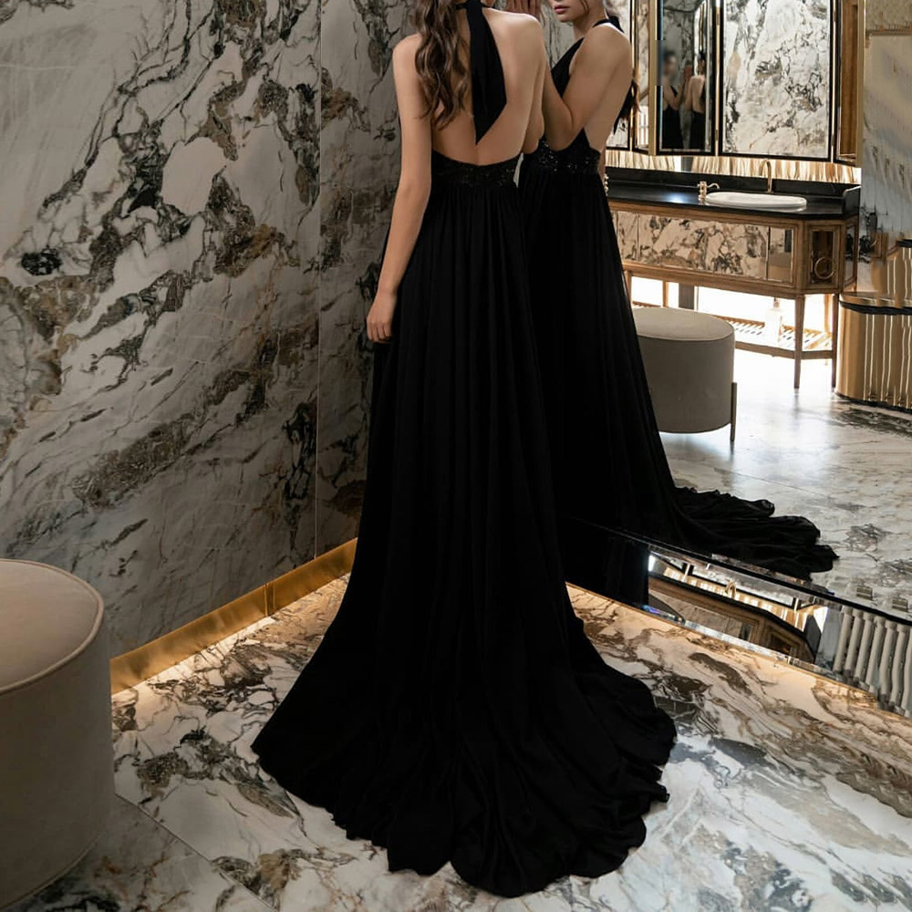 Sleeveless A-Line Halter Floor-Length Celebrity Dress 2022