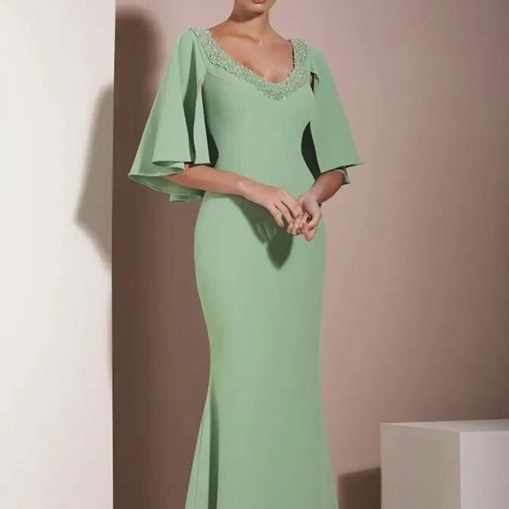 Elegant Floor-Length Half Sleeves V-Neck Trumpet Evening Dress 2022