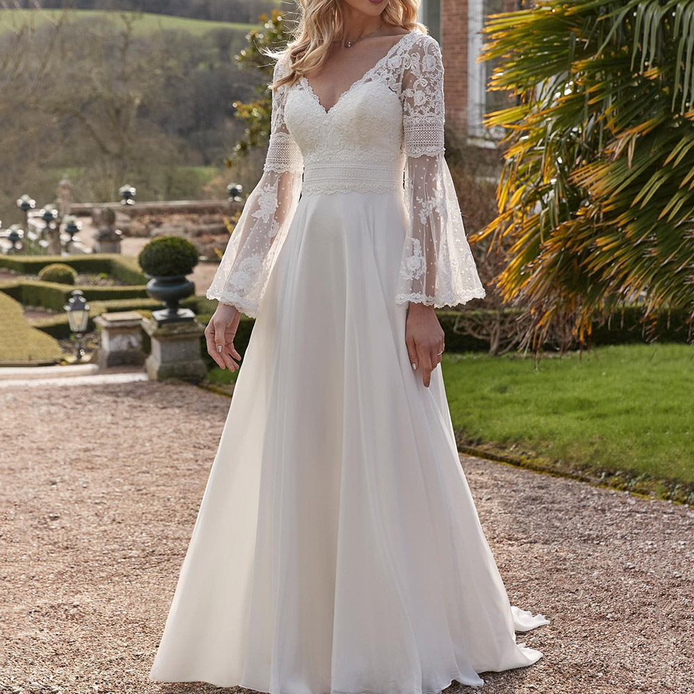 Lace V-Neck A-Line Floor-Length Church Wedding Dress 2022