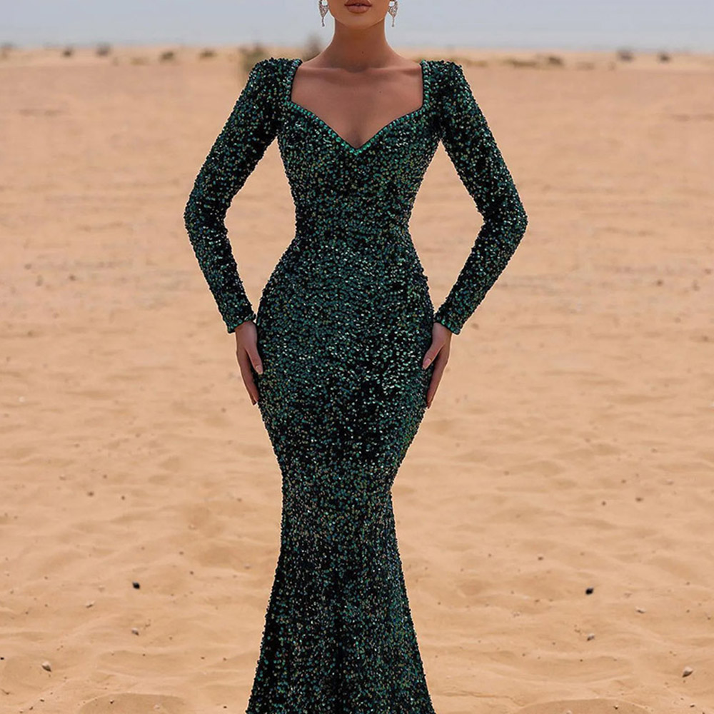 Long Sleeves Sequins Floor-Length V-Neck Mermaid Formal Evening Dress 2022