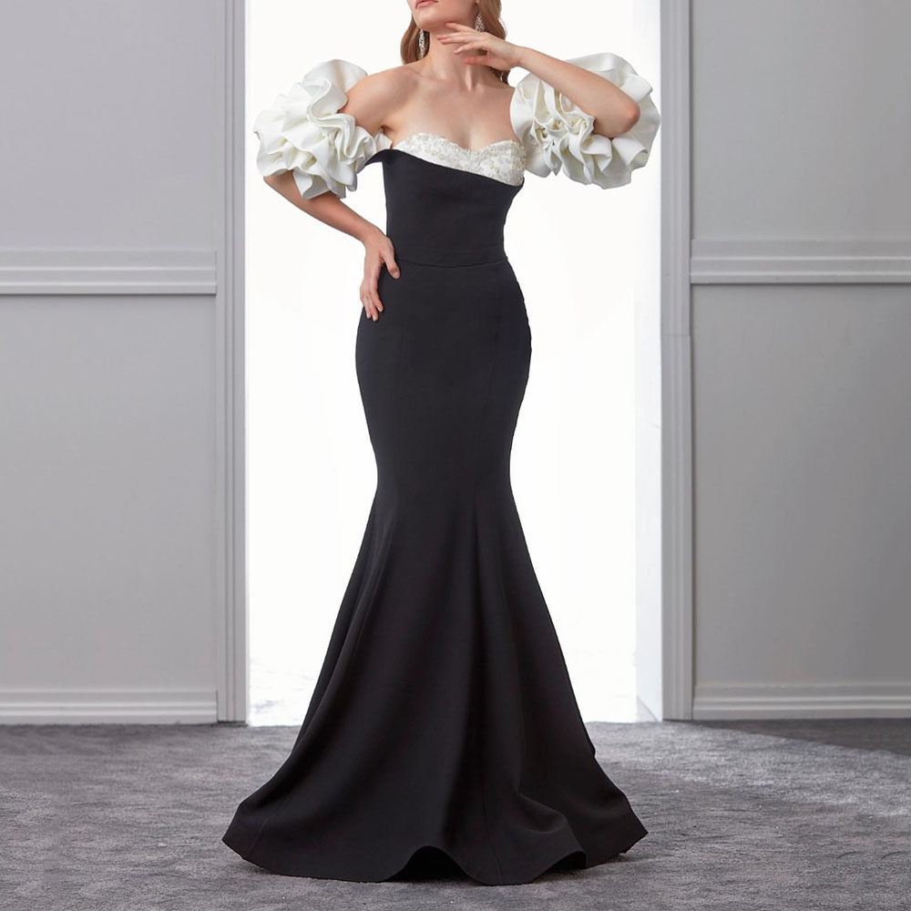 Pleats Mermaid Off-The-Shoulder Half Sleeves Formal Evening Dress 2022