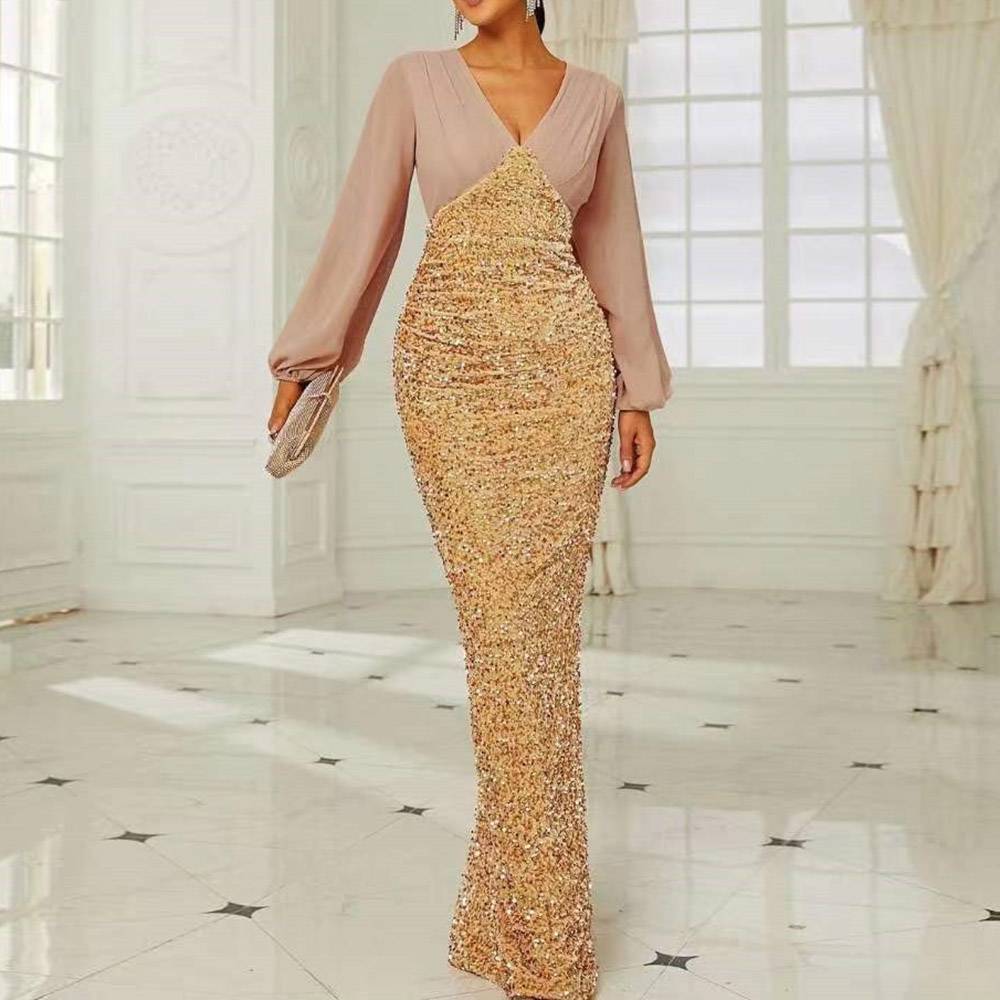 Sheath/Column Sequins V-Neck Floor-Length Evening Dress 2022