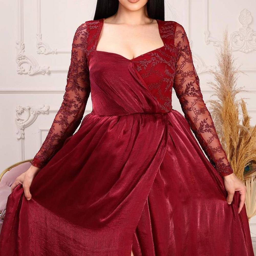 Split-Front Long Sleeves A-Line Floor-Length Velvet Evening Dress 2022