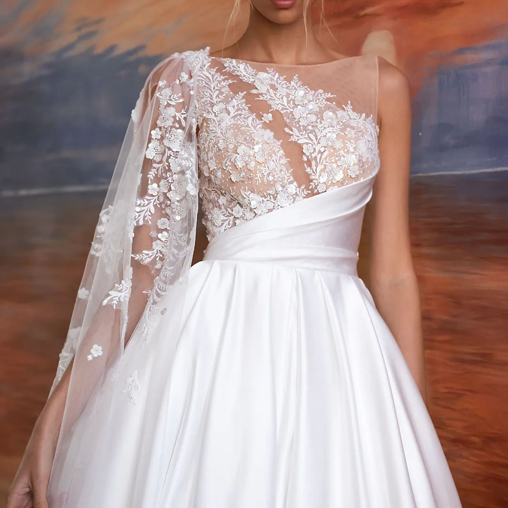 A-Line Long Sleeves One Shoulder Floor-Length Garden Wedding Dress 2022