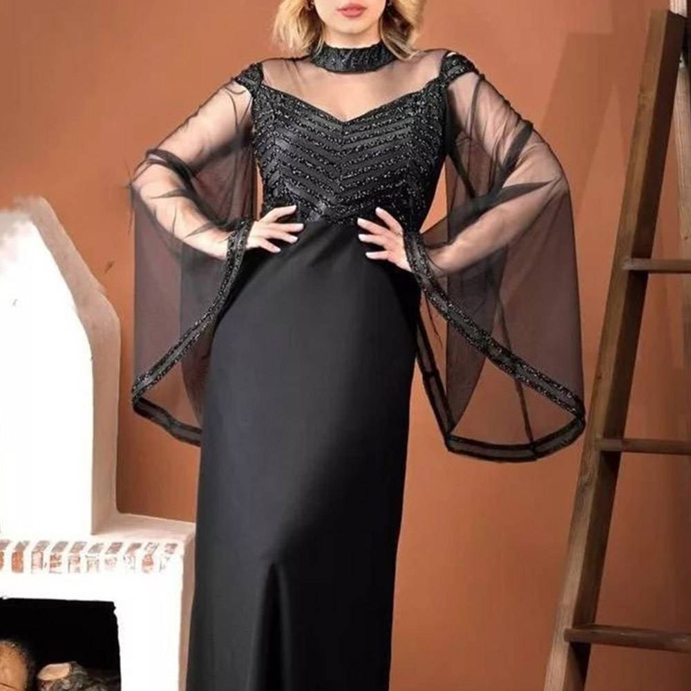 Long Sleeves Floor-Length Sheath/Column High Neck Evening Dress 2022