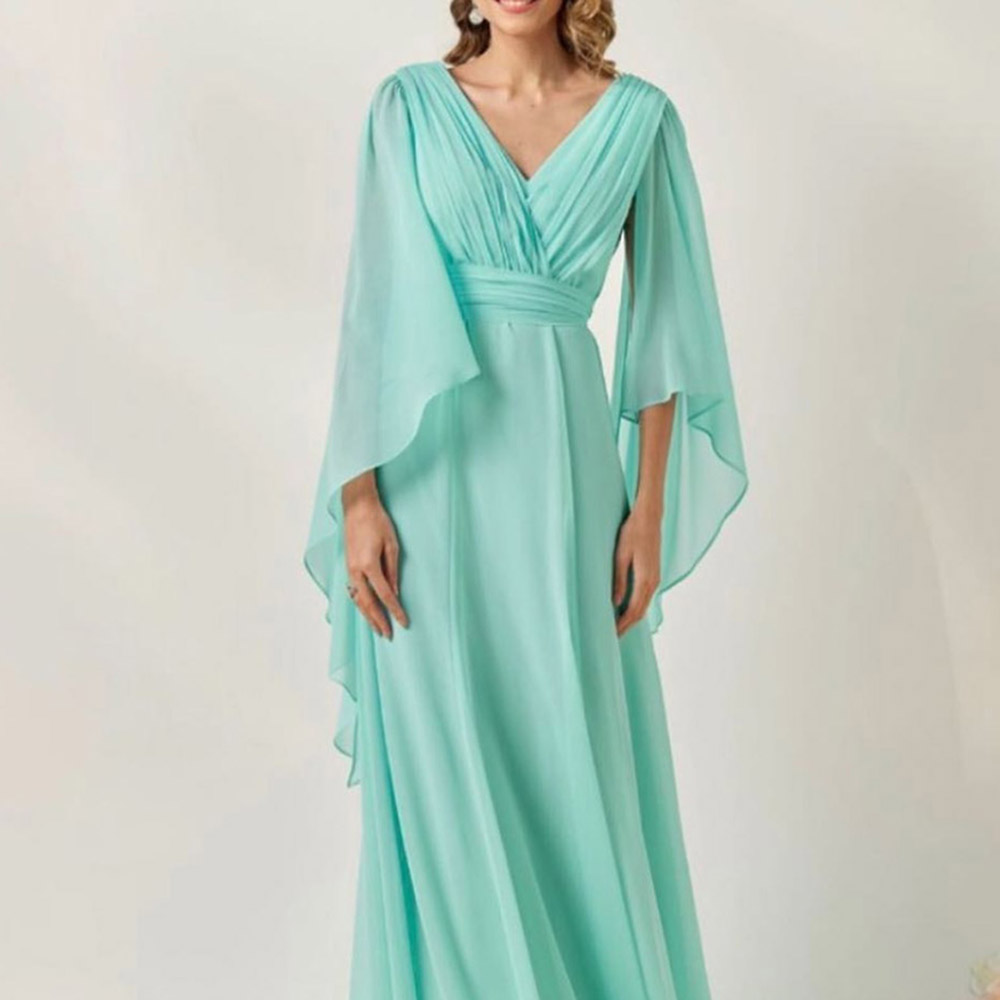 Empire Floor-Length V-Neck A-Line Long Sleeves Evening Dress 2022