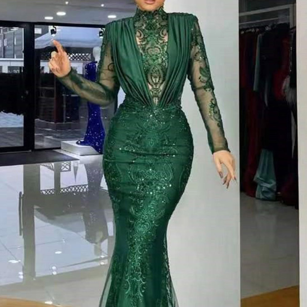 Long Sleeves High Neck Floor-Length Sequins Evening Dress 2022