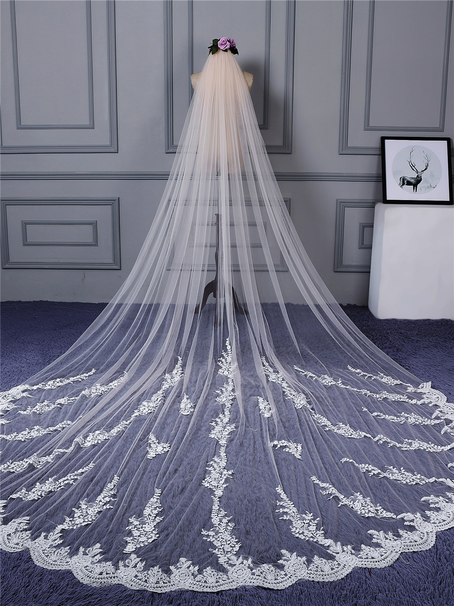 One Layer Appliques Cathedral Bridal Veil
