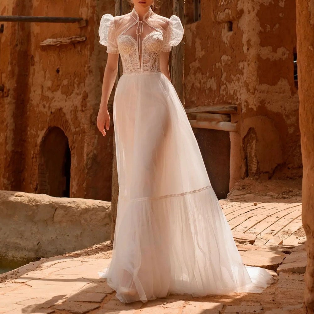 Floor-Length Lace Short Sleeves High Neck Hall Wedding Dress 2022