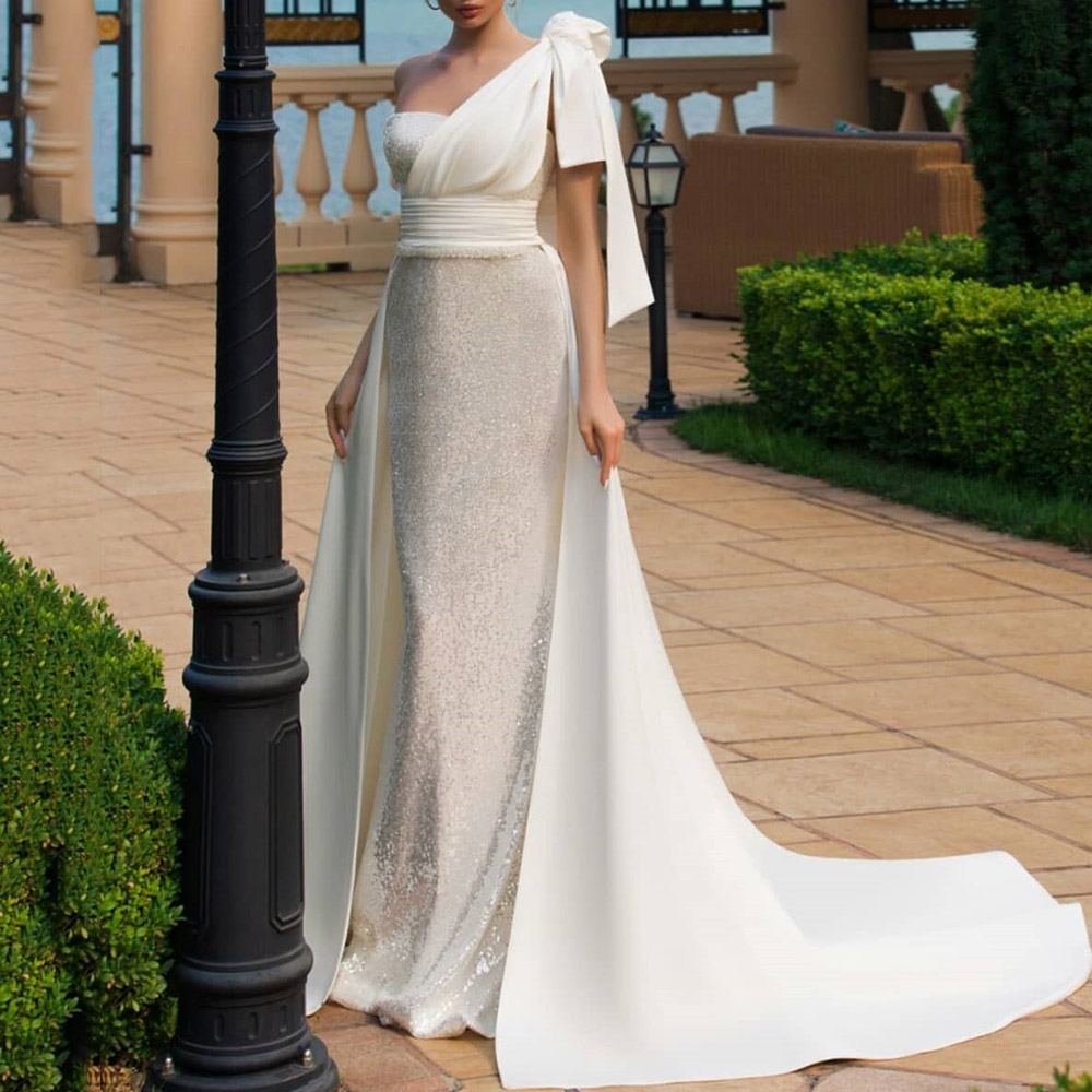 One Shoulder Bowknot Trumpet Floor-Length Hall Wedding Dress 2022