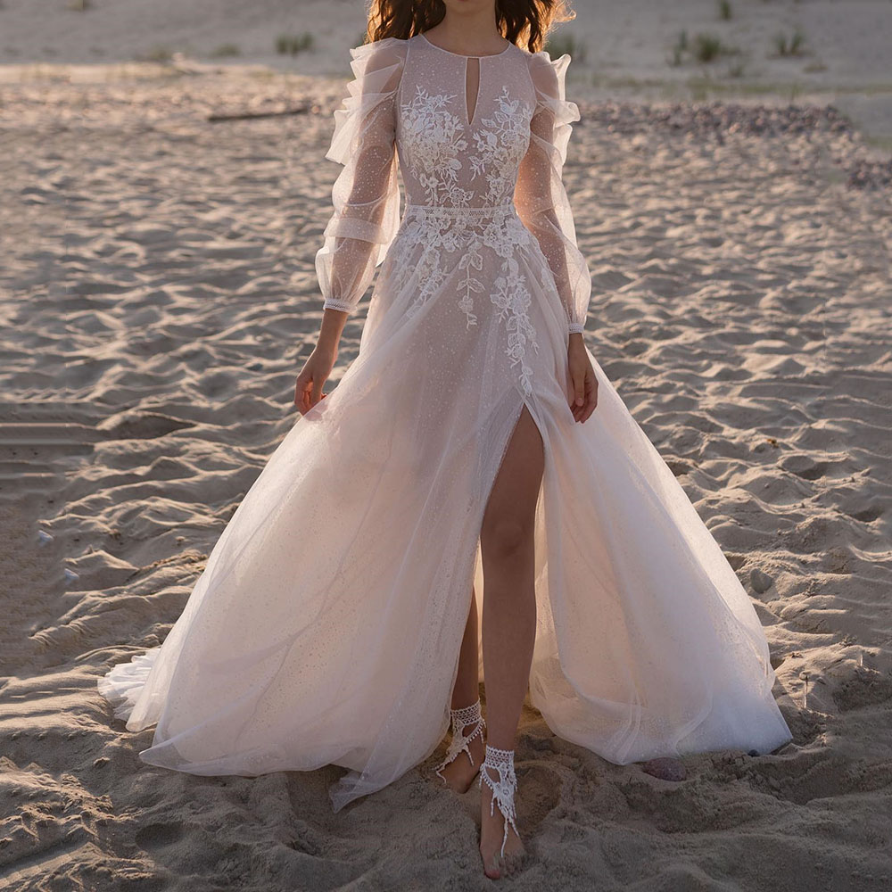 A-Line Long Sleeves Scoop Split-Front Beach Wedding Dress 2022