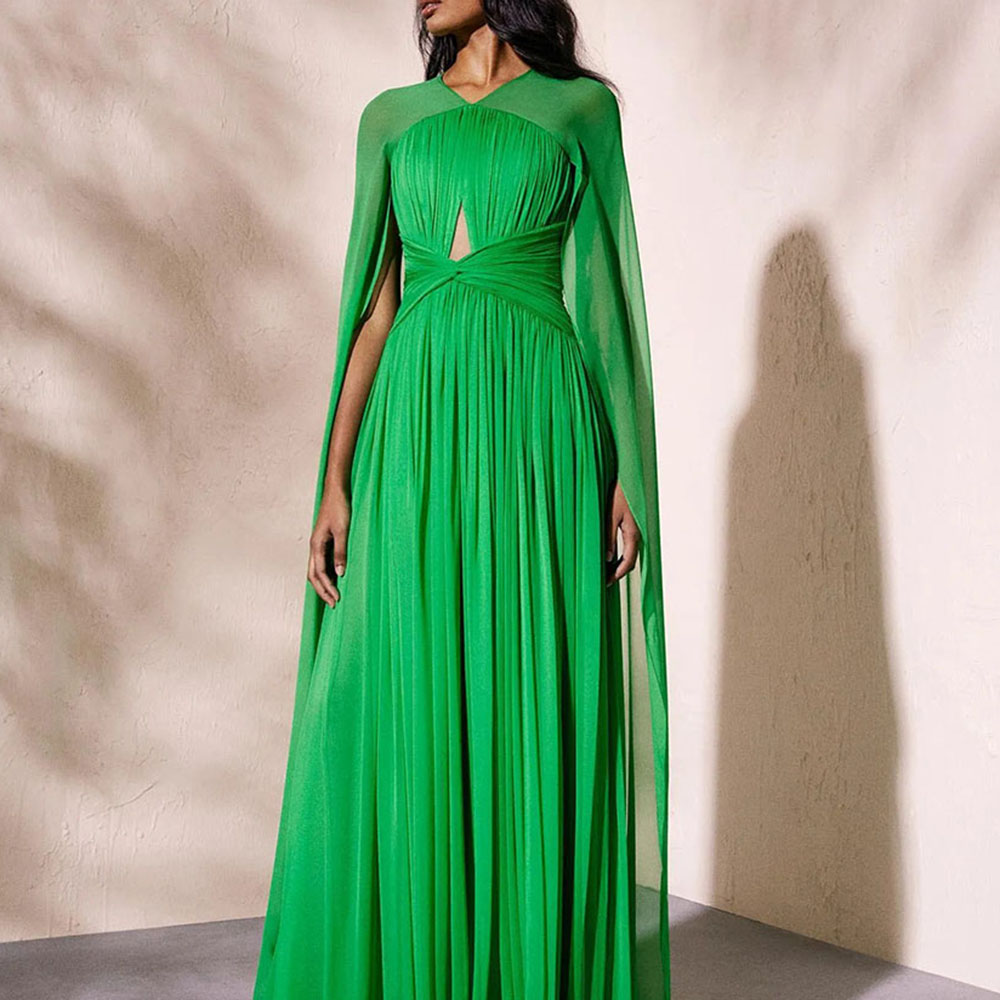 Long Sleeves Draped V-Neck Floor-Length Celebrity Dress 2022