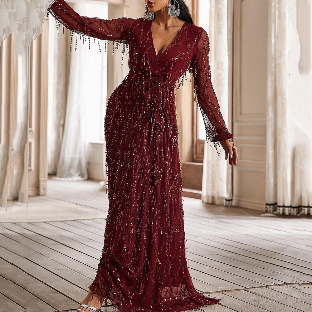 Long Sleeves A-Line V-Neck Floor-Length Formal Evening Dress 2022