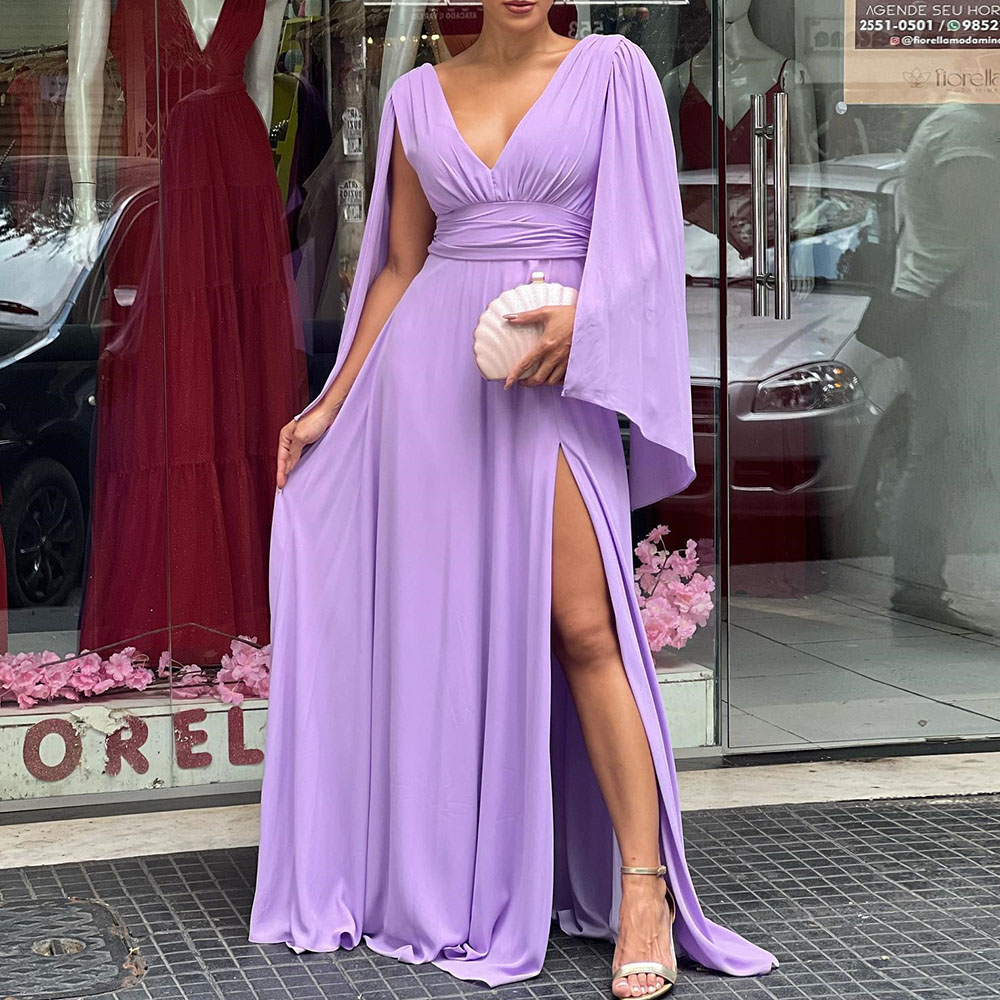 V-Neck A-Line Long Sleeves Floor-Length Evening Dress 2022