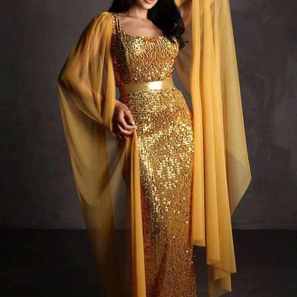 Long Sleeves Square Sequins Floor-Length Formal Dress 2022