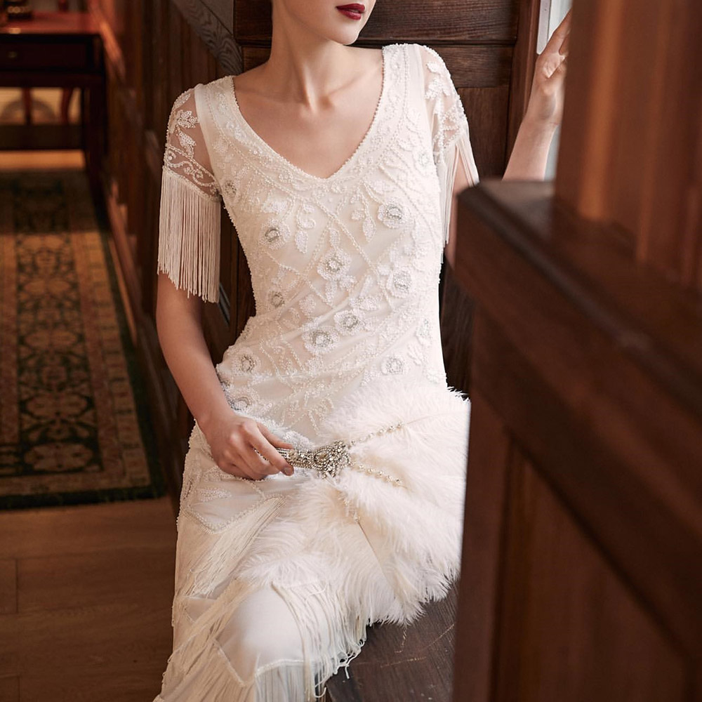 Elegant A-Line Short Sleeves Tassel Floor-Length Celebrity Dress 2022