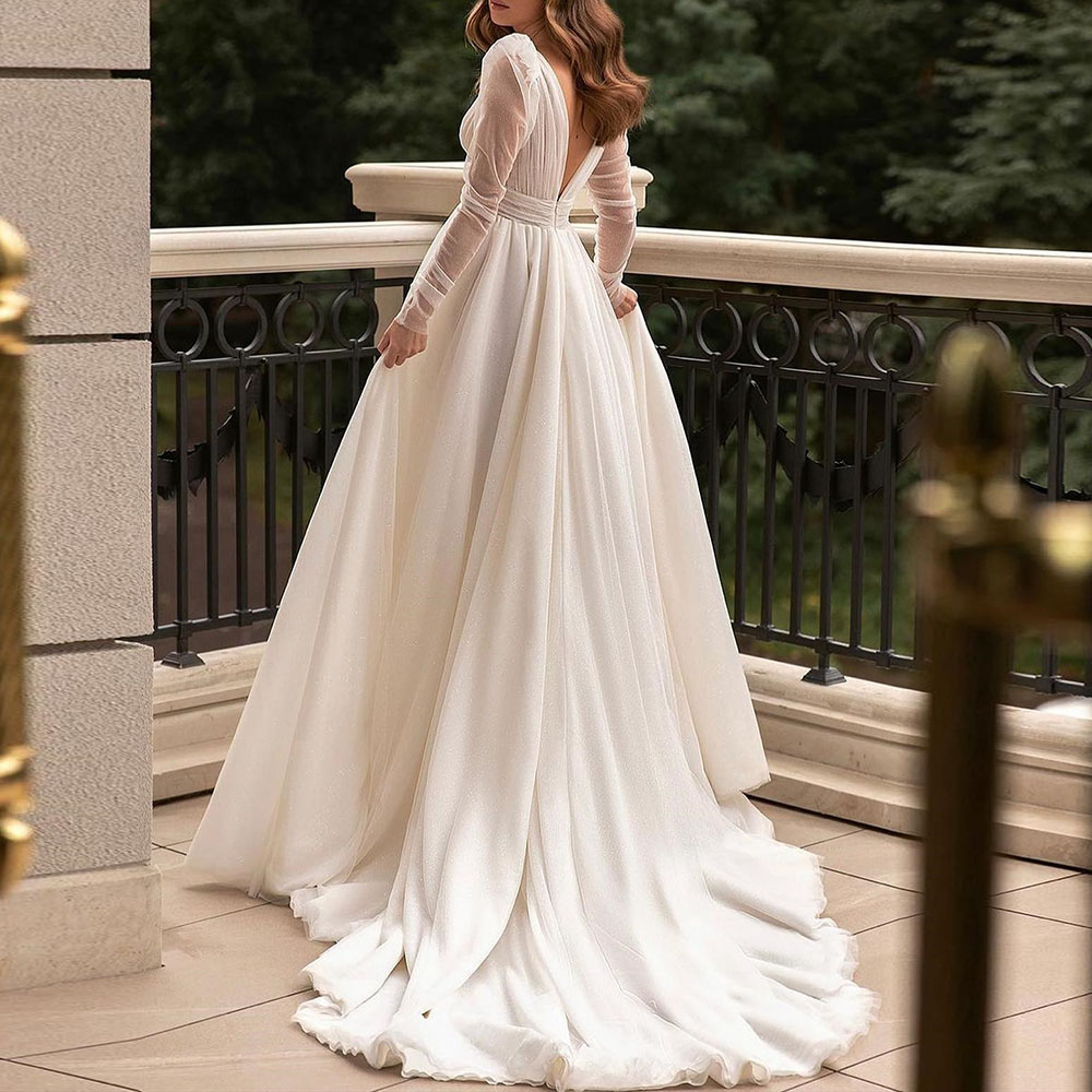 Split-Front Floor-Length V-Neck Long Sleeves Garden Wedding Dress 2022