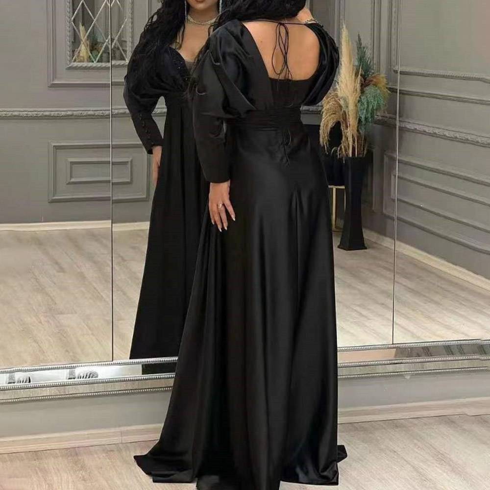 Floor-Length Long Sleeves V-Neck A-Line Evening Dress 2022