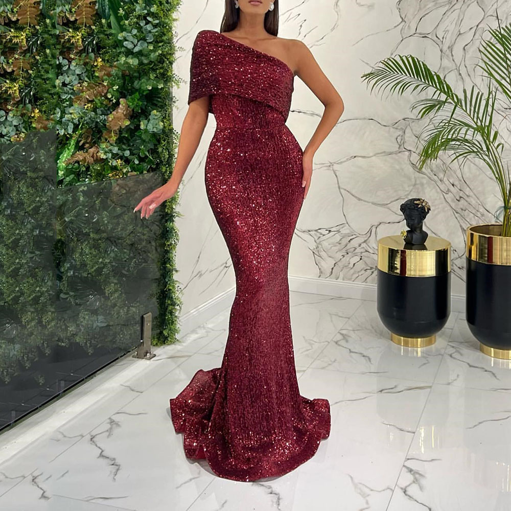 Short Sleeves One Shoulder Trumpet/Mermaid Sequins Celebrity Dress 2022