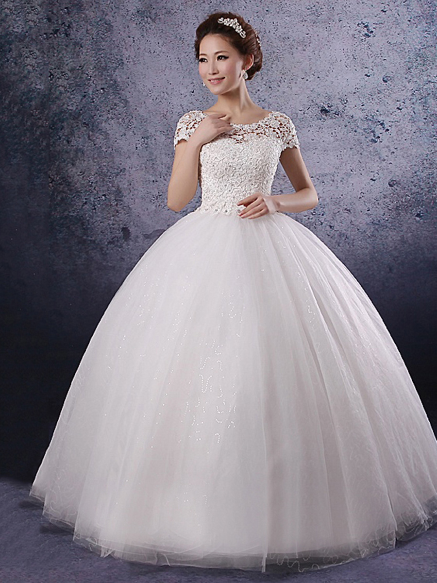 Princess Beading Short Sleeves Lace Wedding Dress