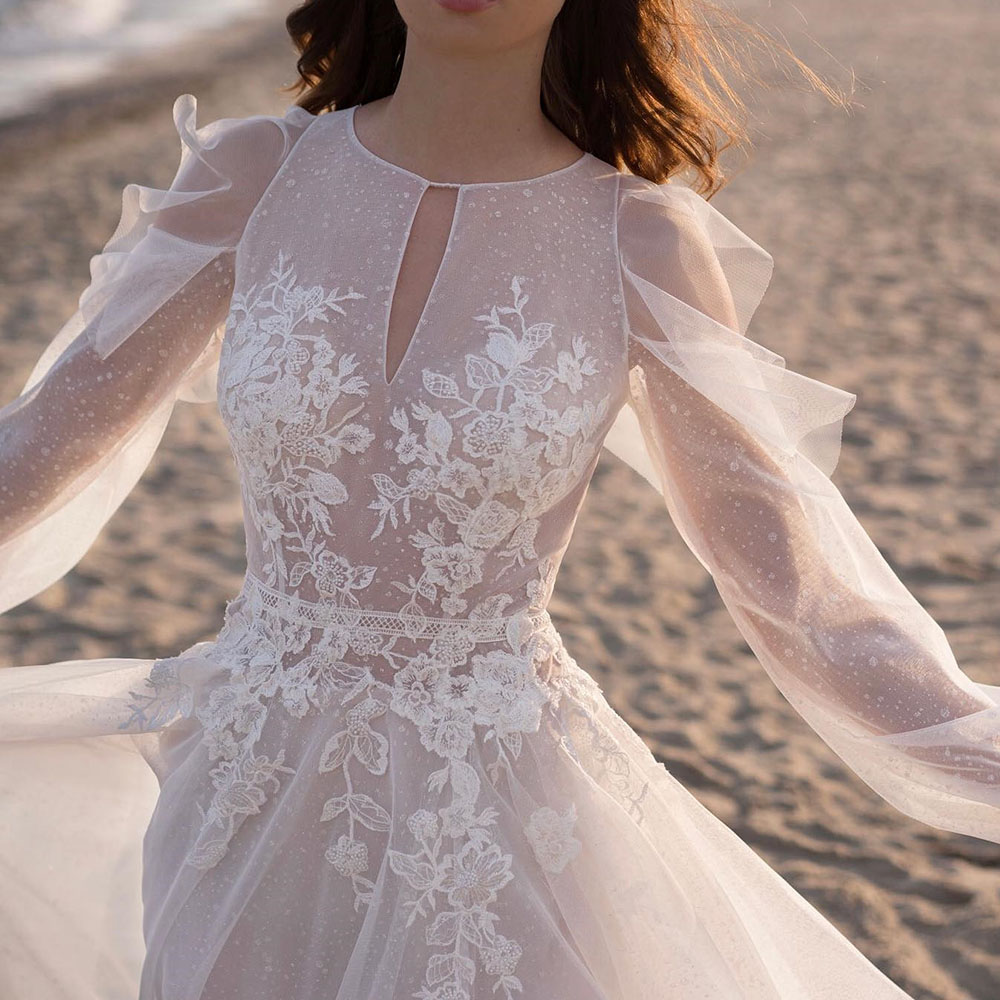 A-Line Long Sleeves Scoop Split-Front Beach Wedding Dress 2022