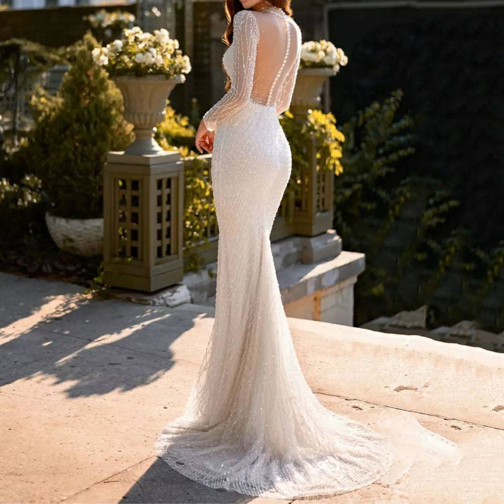 Long Sleeves Trumpet High Neck Floor-Length Garden Wedding Dress 2022