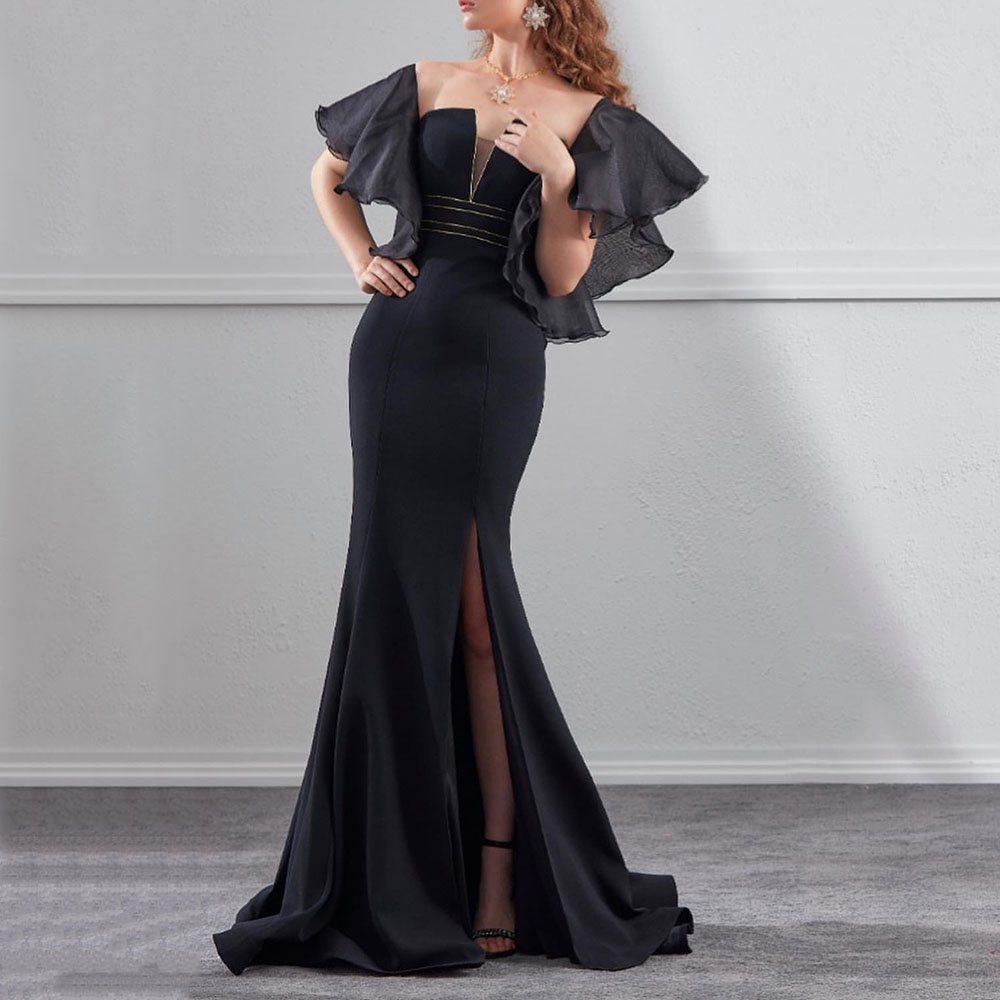 Floor-Length Ruffles Trumpet Short Sleeves Evening Dress 2022