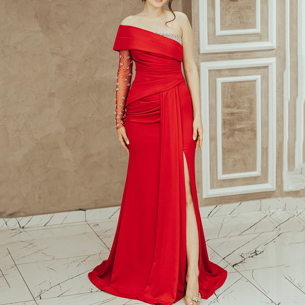 One Shoulder Floor-Length Trumpet Crystal Formal Evening Dress 2022