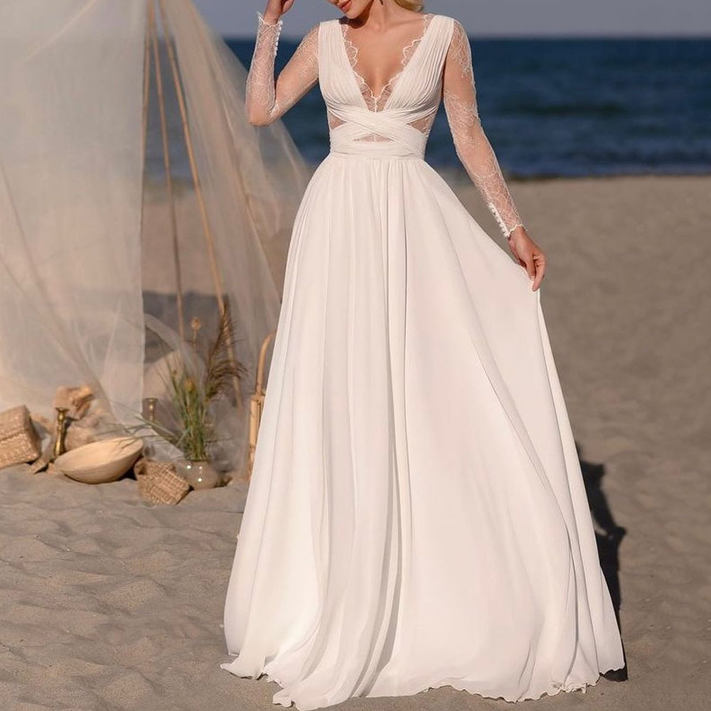 Long Sleeves V-Neck A-Line Floor-Length Hall Wedding Dress 2022