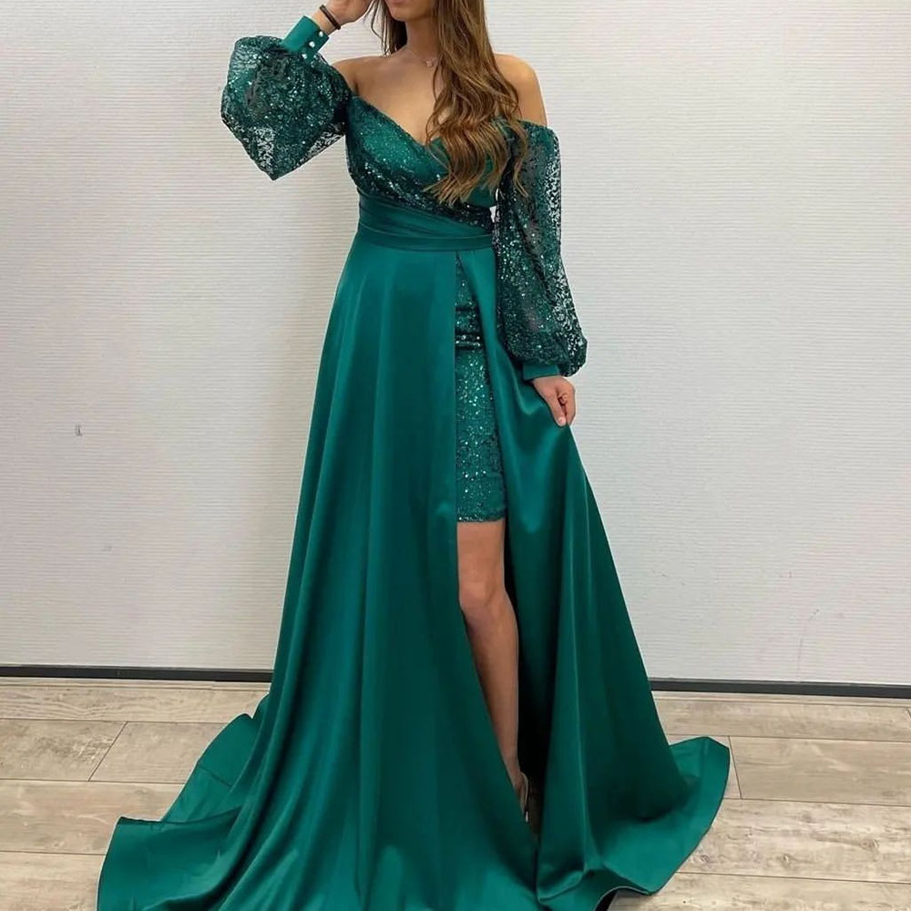 Split-Front Floor-Length Long Sleeves Prom Celebrity Dress 2022