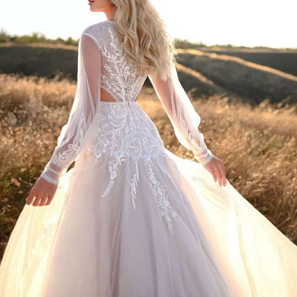 V-Neck Floor-Length Sequins A-Line Summer Outdoor Wedding Dress 2022