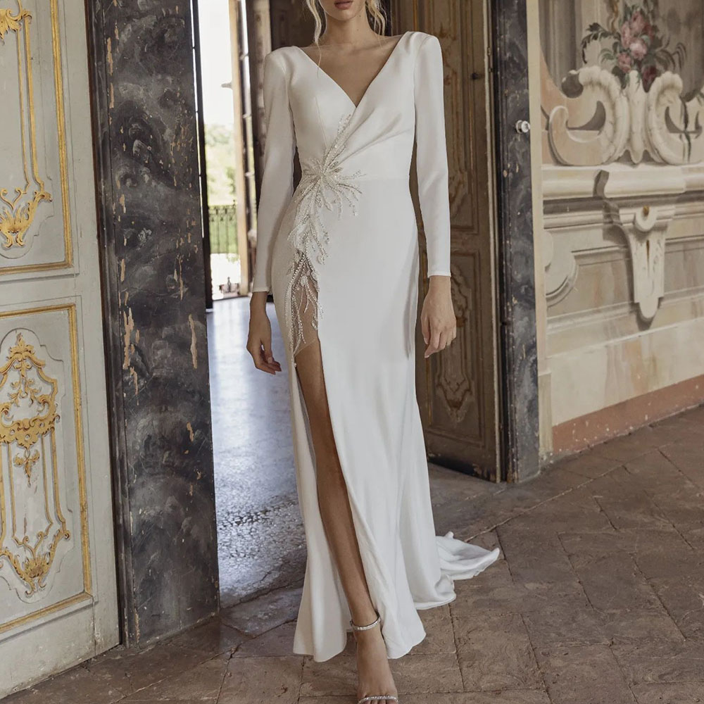 V-Neck Long Sleeves Split-Front Floor-Length Hall Wedding Dress 2022