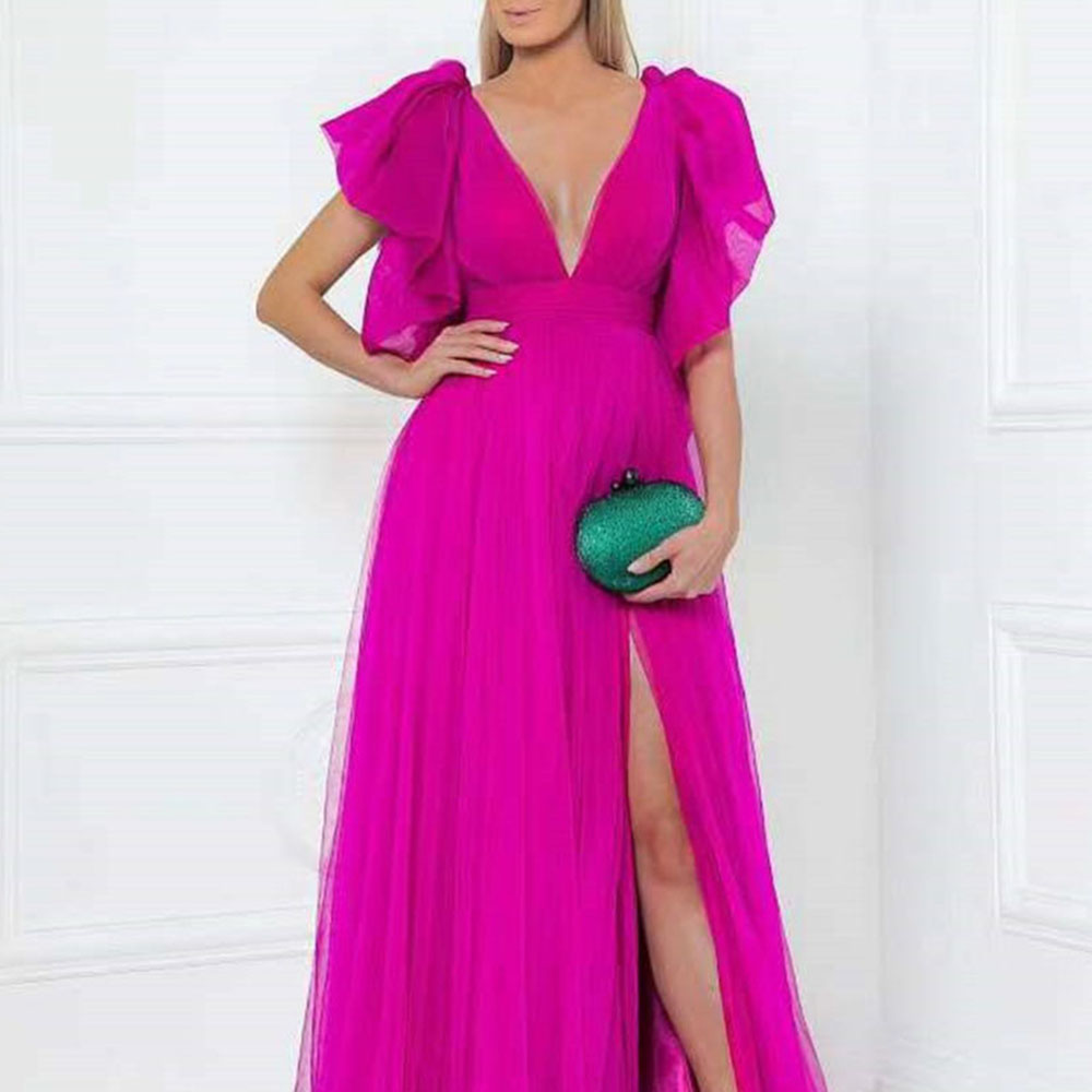 Short Sleeves Floor-Length A-Line Ruffles Evening Dress 2022
