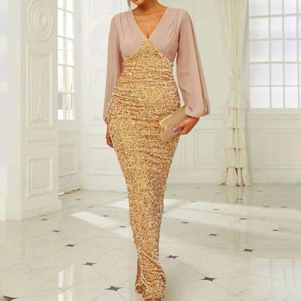 Sheath/Column Sequins V-Neck Floor-Length Evening Dress 2022