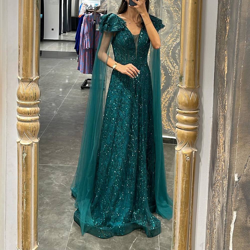 A-Line Sequins Long Sleeves Floor-Length Formal Dress 2022