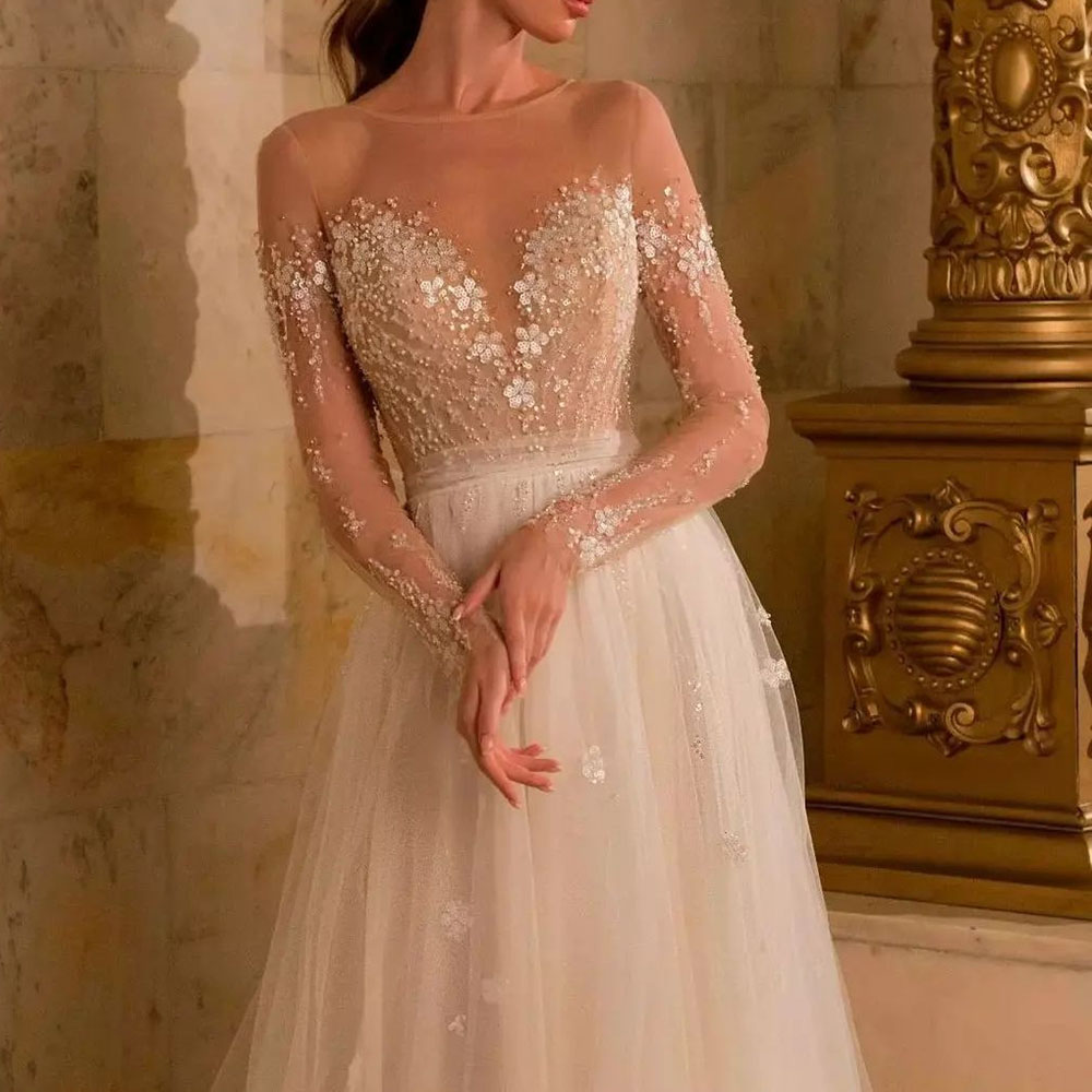 Pearl Scoop Long Sleeves A-Line Church Wedding Dress 2022