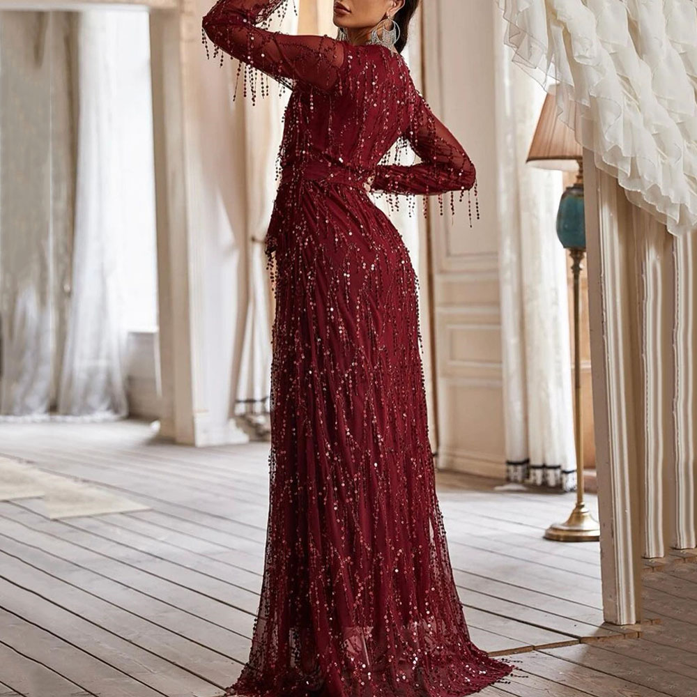 Long Sleeves A-Line V-Neck Floor-Length Formal Evening Dress 2022