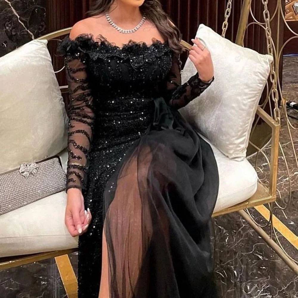 Long Sleeves A-Line Floor-Length Sequins Celebrity Dress 2022