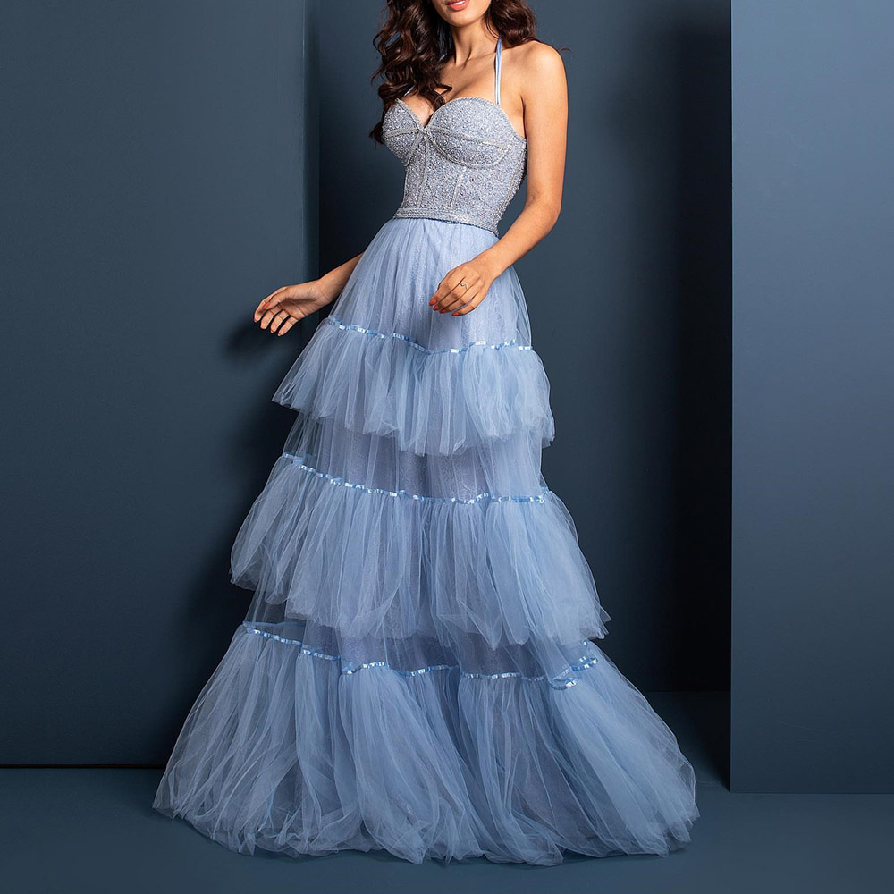 Halter Cascading Ruffles Sleeveless Floor-Length Prom Dress 2022