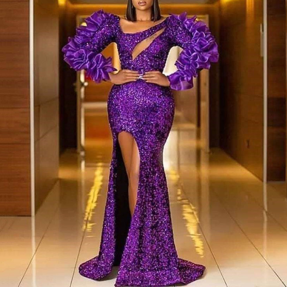 Sequins Long Sleeves Floor-Length Trumpet Celebrity Evening Dress 2022