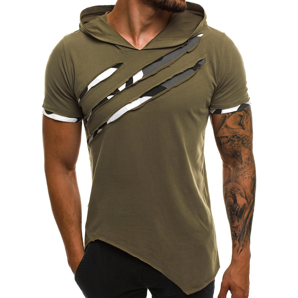 Summer Hole Hooded Asymmetric Camouflage Print Pleated Short Sleeve Slim Men's T-shirt