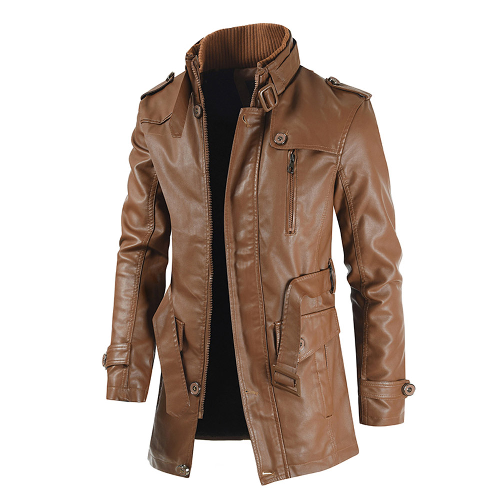 Mid-Length Plain Stand Collar Fashion Men's Leather Jacket