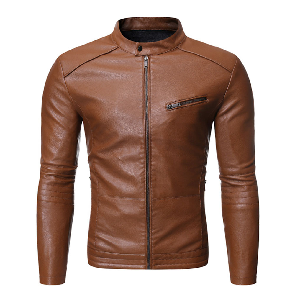Stand Collar Standard Plain Winter Men's Leather Jacket