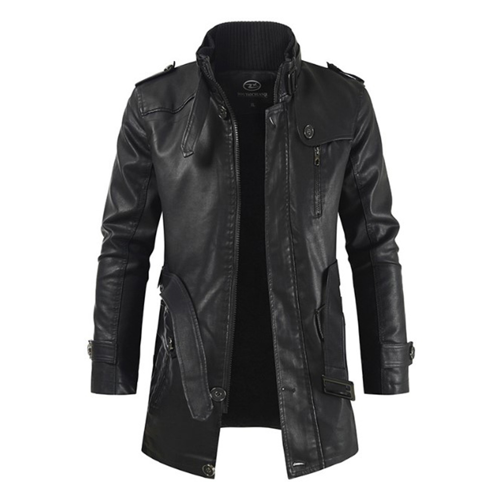 Mid-Length Plain Stand Collar Fashion Men's Leather Jacket
