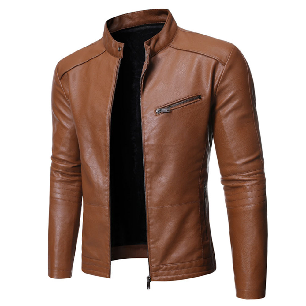 Stand Collar Standard Plain Winter Men's Leather Jacket