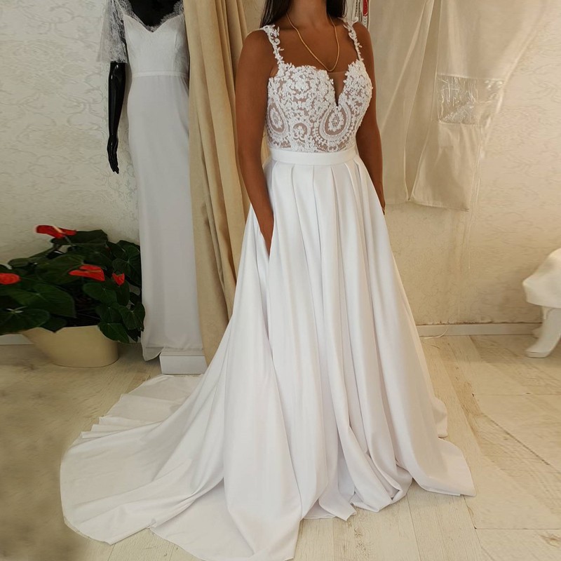 Straps Pockets Lace Beach Wedding Dress
