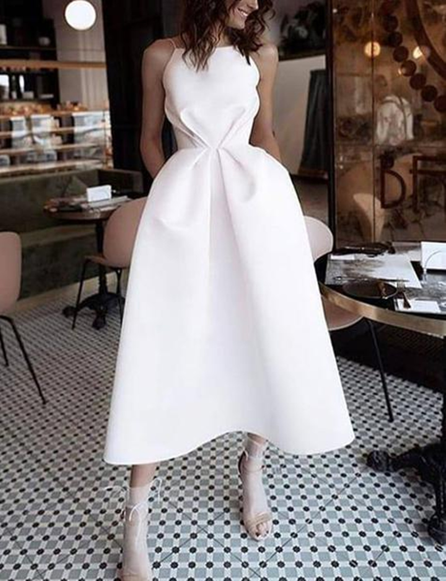 Spaghetti Straps Pockets Tea-Length Wedding Dress 2020
